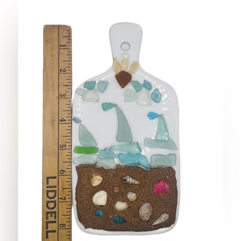 Artisan Crafted Ceramic Board Sailboat Scene W Sea Glass Citrine, Sand Seashells - Picture 9 of 12